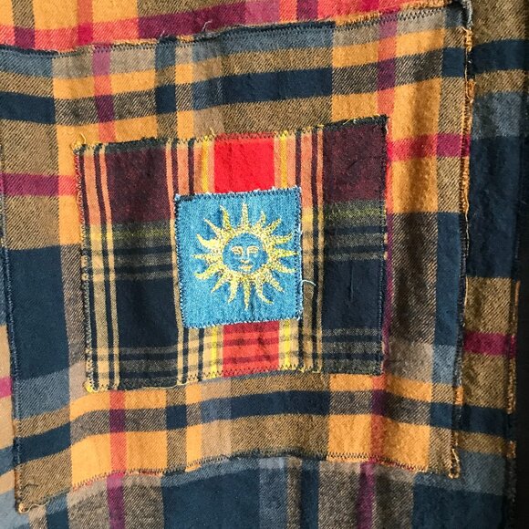 Upcycled Patchwork Hoodie, L-XL: Oversized Grunge Sweatshirt, Navy Plaid Flannel - Picture 6 of 15